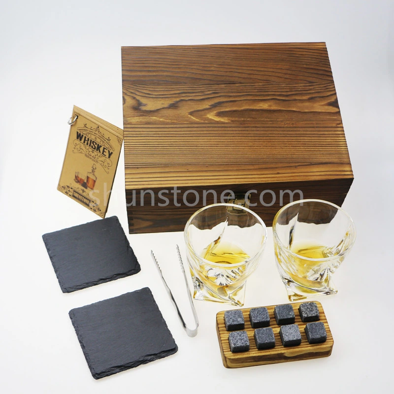 Whiskey Stones Set - Two 10 Oz. Lead-Free Crystal Glasses Gift Set with Wooden Box