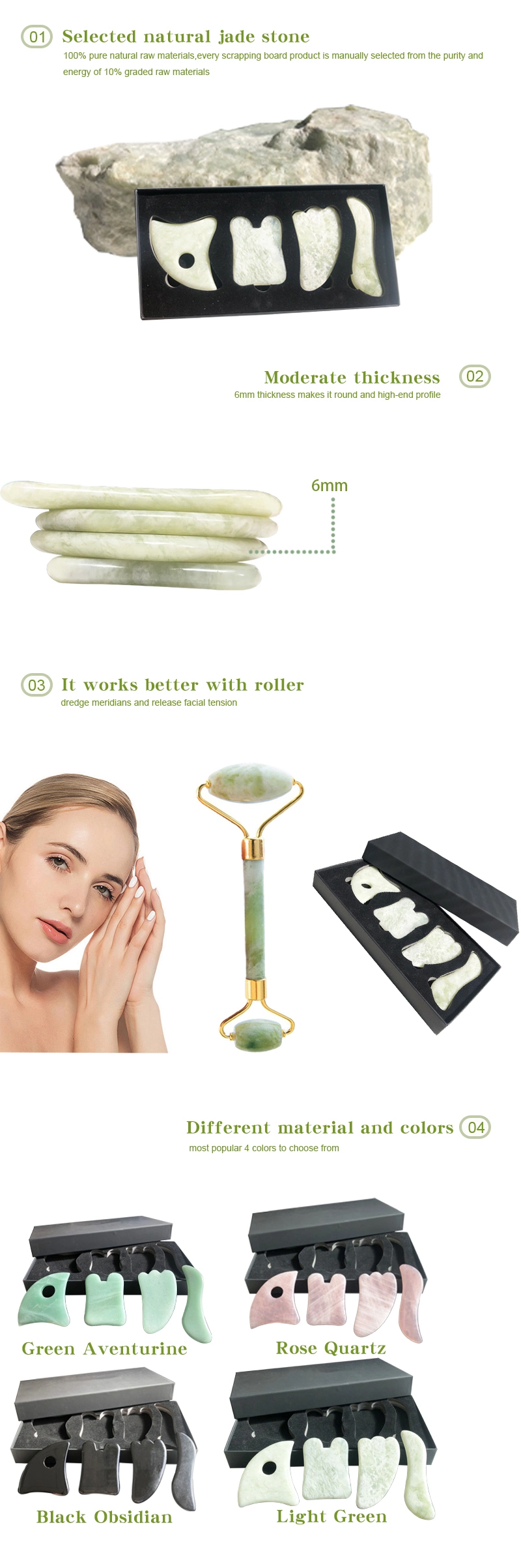 Hot Sale Custom Gua Sha Guasha Board Light Green Jade Stone Scraping Body Facial Massage Tools Gua Sha Board