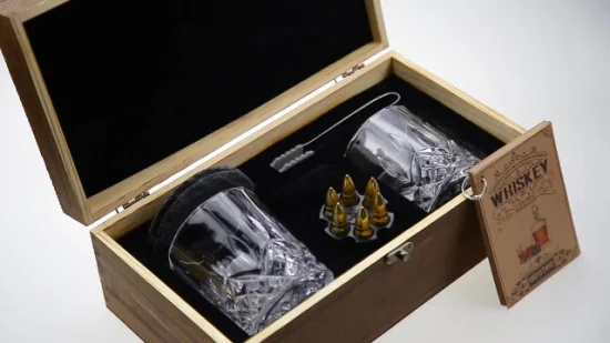  Whiskey-Steine-Set – Zwei 10 Oz.  Geschenkset mit bleifreien Kristallgläsern und Holzbox