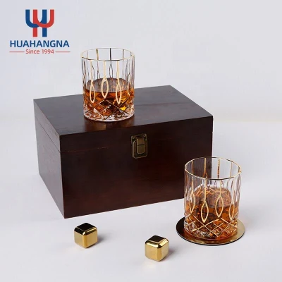 Luxuriöse Geschenkbox mit goldenem Rand, doppeltes, altmodisches Kristall-Whiskyglas-Set für Bourbon Irish Whiskey, Cocktail, Wasser, Zuhause, Bar, Party