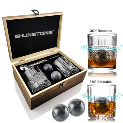 Tumblers Modernes, drehbares Weinglas, Kristall-Whisky-Glas, Whiskey-Steine, Kugel-Geschenkset mit Holzkiste für Herren